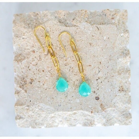BUNDLE Aqua Chalcedony Drop Earrings & Amazonite Gemstone Bracelet Gold Chain - Picture 4 of 12